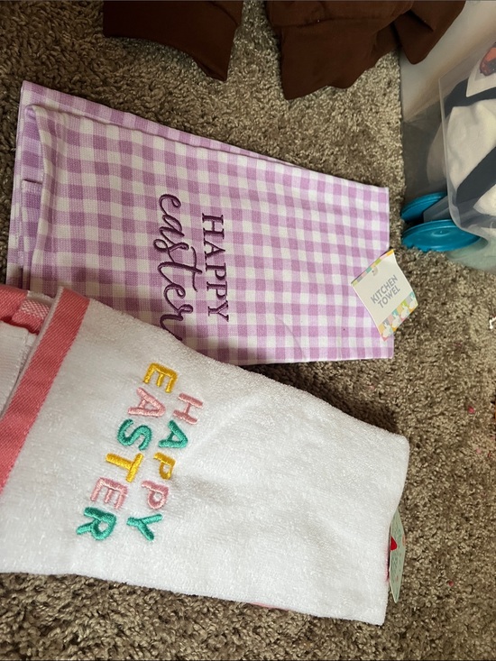 Other - Easter Kitchen Towels - Purple Gingham & Embroidered Pastel